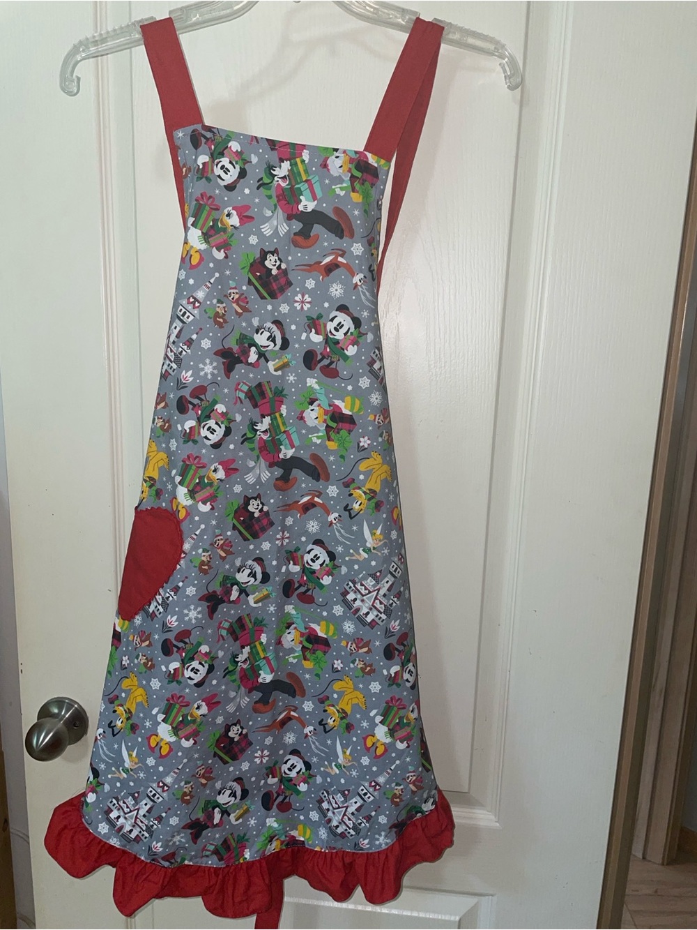 Whimsical Holiday Disney Character Apron in Gray and Red